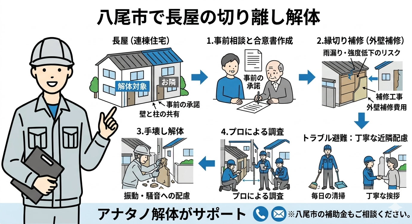 【八尾市の長屋解体】隣の家とつながっている「切り離し解体」を進める手順とトラブルを防ぐポイント